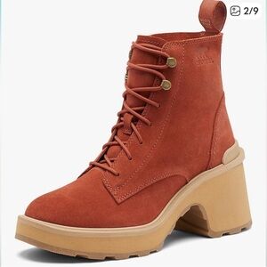 Sorel Hi-Line Heel Lace up Boots Waterproof Suede Warp Red, Tawny Buff